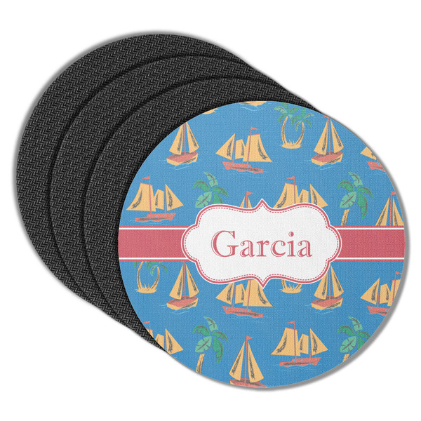 Custom Boats & Palm Trees Round Rubber Backed Coasters - Set of 4 (Personalized)