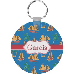 Boats & Palm Trees Round Plastic Keychain (Personalized)