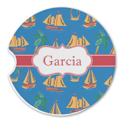 Boats & Palm Trees Sandstone Car Coaster - Single (Personalized)