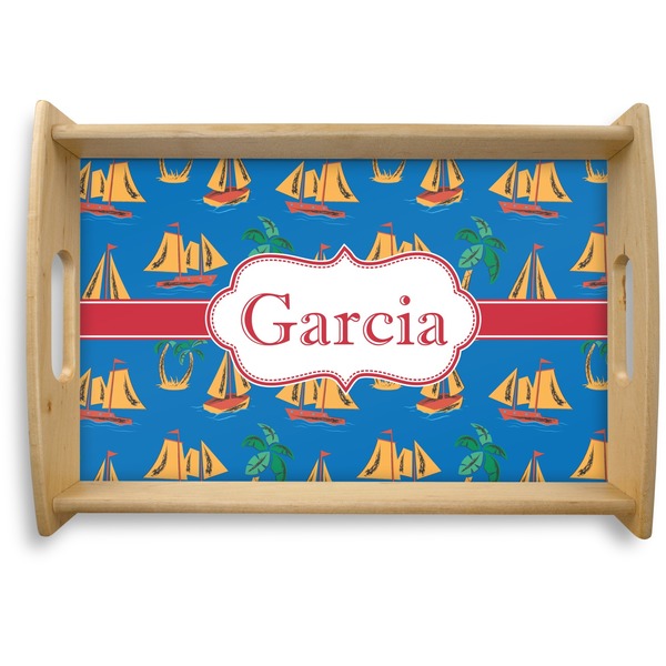 Custom Boats & Palm Trees Natural Wooden Tray - Small (Personalized)