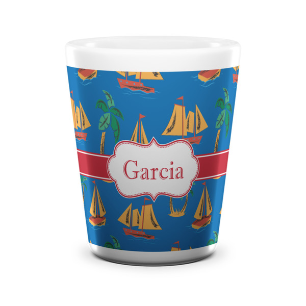 Custom Boats & Palm Trees Ceramic Shot Glass - 1.5 oz - White - Single (Personalized)