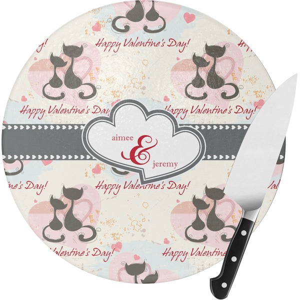 Custom Cats in Love Round Glass Cutting Board - Medium (Personalized)