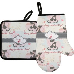 Cats in Love Right Oven Mitt & Pot Holder Set w/ Couple's Names