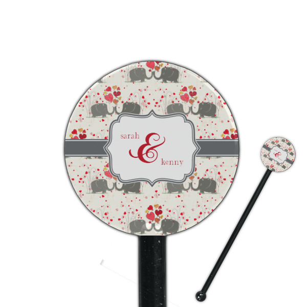 Custom Elephants in Love 5.5" Round Plastic Stir Sticks - Black - Double Sided (Personalized)