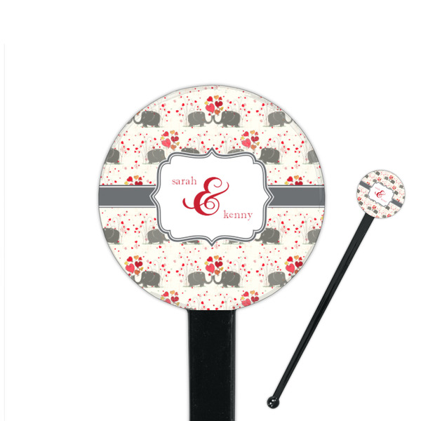 Custom Elephants in Love 7" Round Plastic Stir Sticks - Black - Double Sided (Personalized)