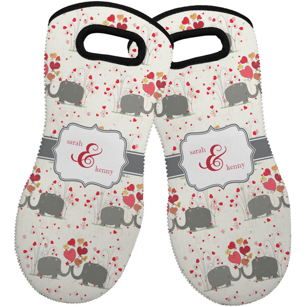 Custom Elephants in Love Neoprene Oven Mitts - Set of 2 w/ Couple's Names