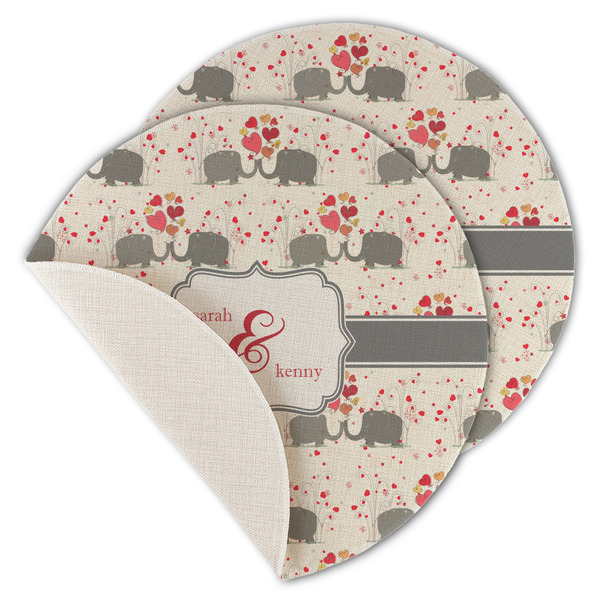 Custom Elephants in Love Round Linen Placemat - Single Sided - Set of 4 (Personalized)