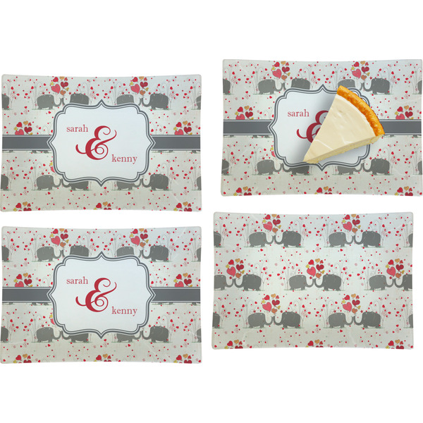 Custom Elephants in Love Set of 4 Glass Rectangular Appetizer / Dessert Plate (Personalized)