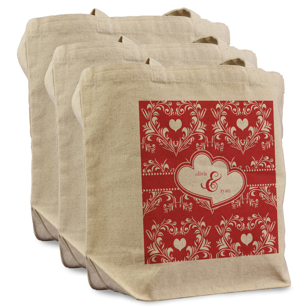 Custom Heart Damask Reusable Cotton Grocery Bags - Set of 3 (Personalized)