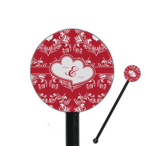 Custom Heart Damask 5.5" Round Plastic Stir Sticks - Black - Double Sided (Personalized)