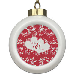 Heart Damask Ceramic Ball Ornament (Personalized)
