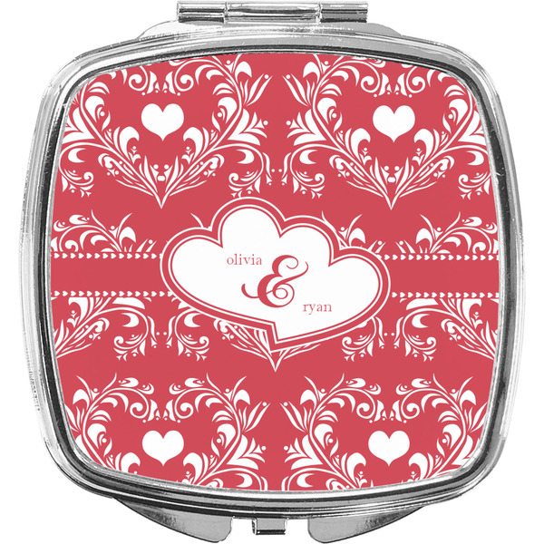 Custom Heart Damask Compact Makeup Mirror (Personalized)