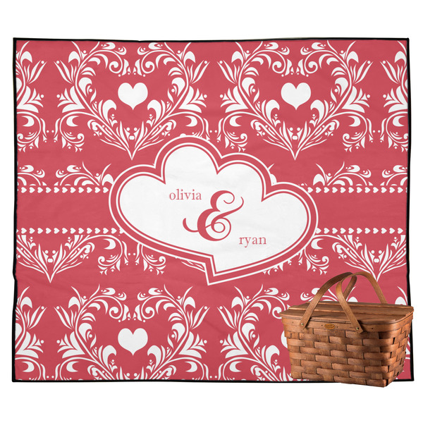 Custom Heart Damask Outdoor Picnic Blanket (Personalized)