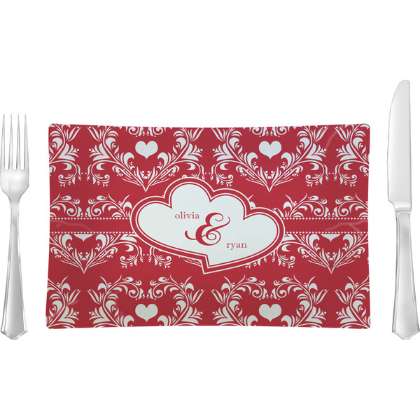 Custom Heart Damask Glass Rectangular Lunch / Dinner Plate (Personalized)