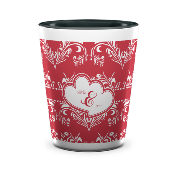 Custom Heart Damask Ceramic Shot Glass - 1.5 oz - Two Tone - Single (Personalized)