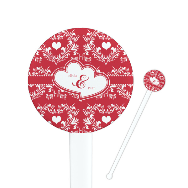 Custom Heart Damask 7" Round Plastic Stir Sticks - White - Double Sided (Personalized)