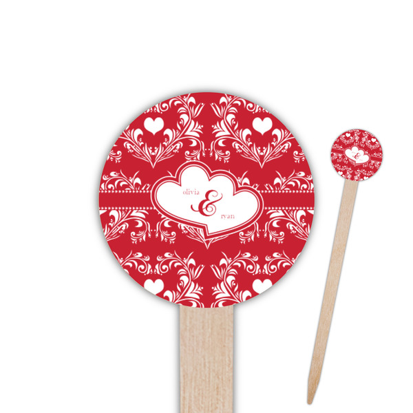 Custom Heart Damask 6" Round Wooden Food Picks - Double Sided (Personalized)