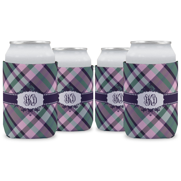 Custom Plaid with Pop Can Cooler (12 oz) - Set of 4 w/ Monogram