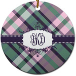 Plaid with Pop Round Ceramic Ornament w/ Monogram