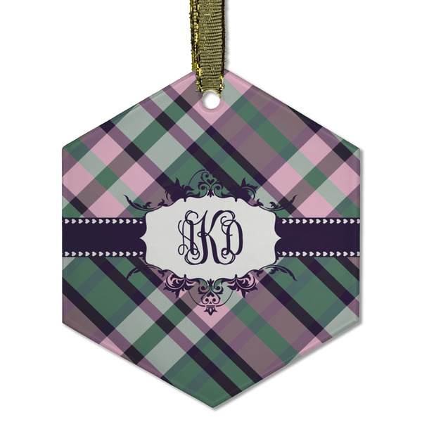 Custom Plaid with Pop Flat Glass Ornament - Hexagon w/ Monogram