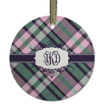 Plaid with Pop Flat Glass Ornament - Round w/ Monogram