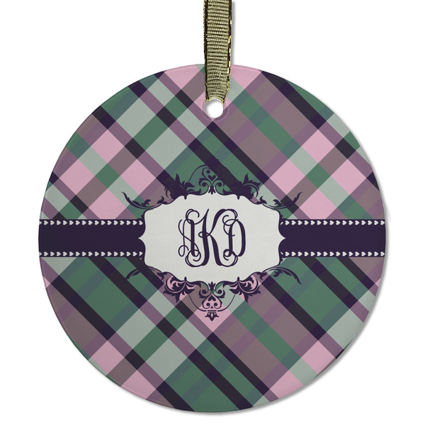 Custom Plaid with Pop Flat Glass Ornament - Round w/ Monogram