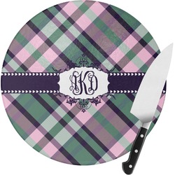 Plaid with Pop Round Glass Cutting Board - Medium (Personalized)