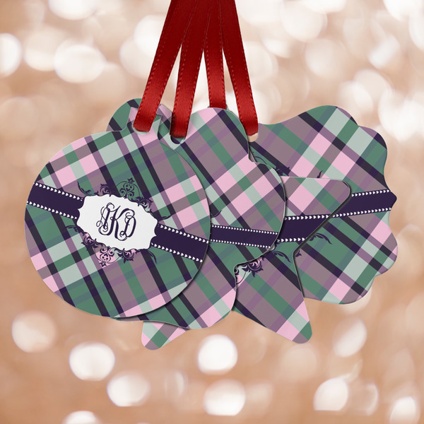 Custom Plaid with Pop Metal Ornaments - Double Sided w/ Monogram