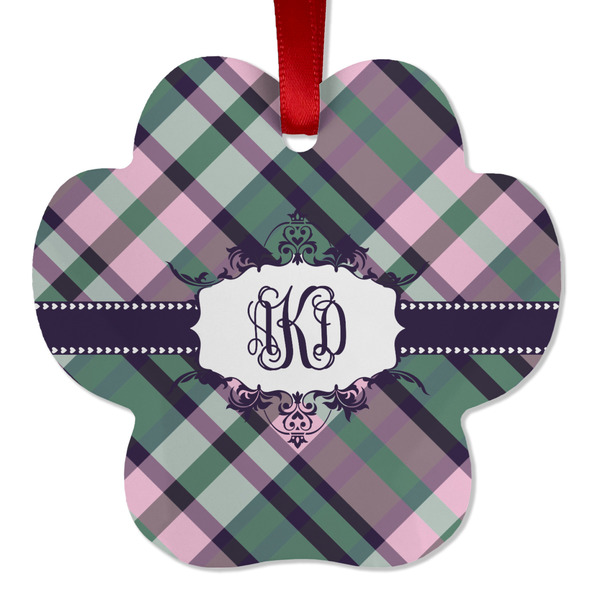 Custom Plaid with Pop Metal Paw Ornament - Double Sided w/ Monogram