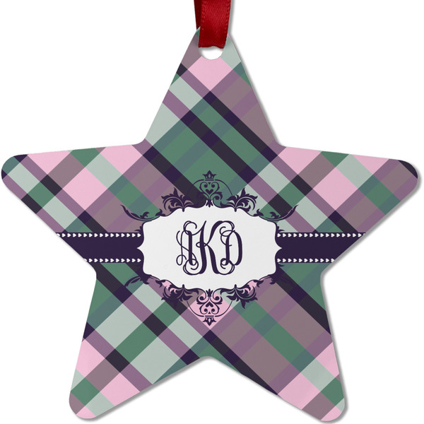 Custom Plaid with Pop Metal Star Ornament - Double Sided w/ Monogram