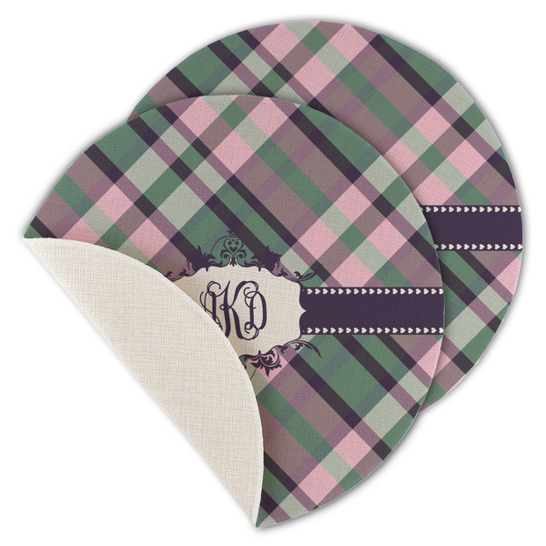 Custom Plaid with Pop Round Linen Placemat - Single Sided - Set of 4 (Personalized)