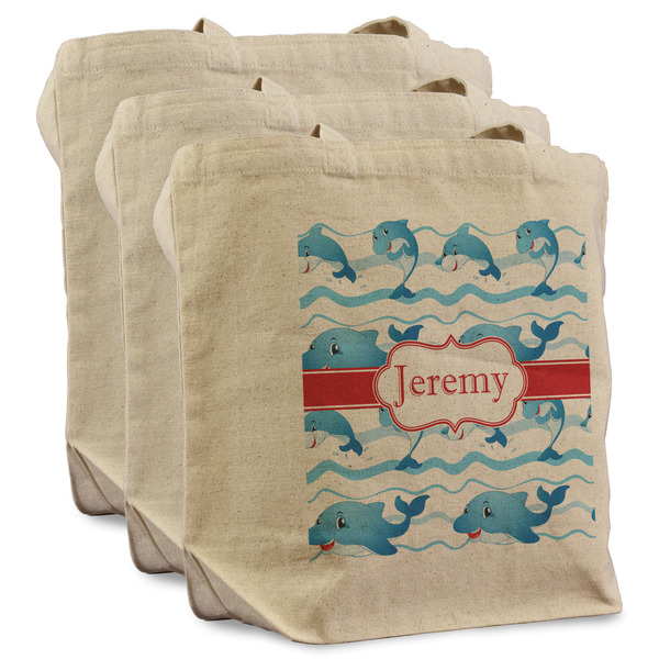 Custom Dolphins Reusable Cotton Grocery Bags - Set of 3 (Personalized)