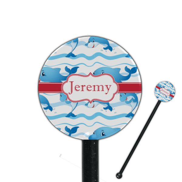 Custom Dolphins 5.5" Round Plastic Stir Sticks - Black - Double Sided (Personalized)