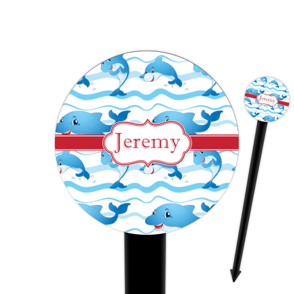 Custom Dolphins 6" Round Plastic Food Picks - Black - Single Sided (Personalized)