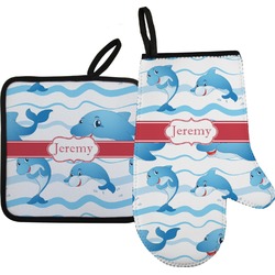 Dolphins Right Oven Mitt & Pot Holder Set w/ Name or Text