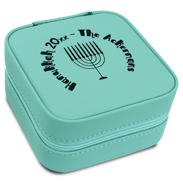 Custom Hanukkah Travel Jewelry Box - Teal Leather (Personalized)