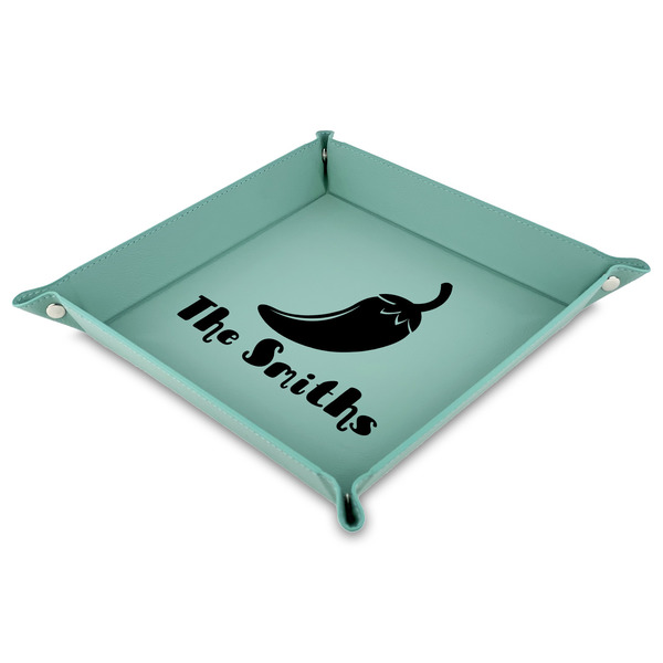 Custom Chili Peppers Faux Leather Dice Tray - 9" x 9"  - Teal (Personalized)