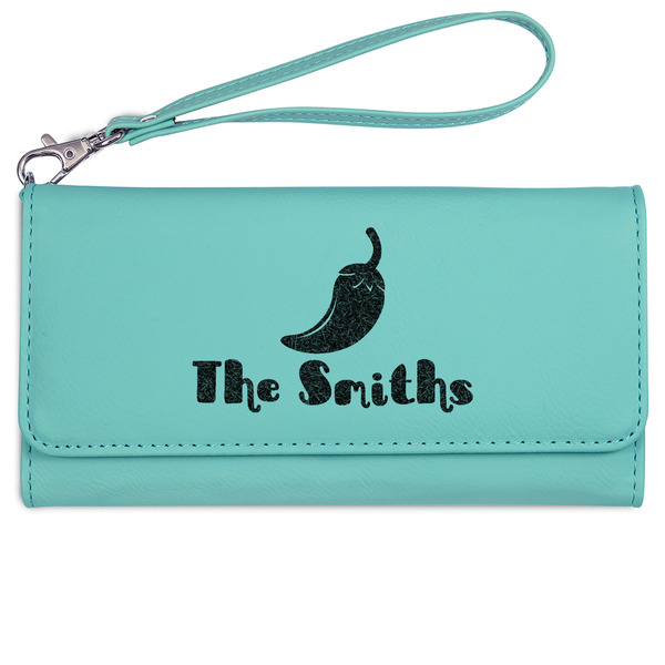 Custom Chili Peppers Ladies Leatherette Wallet - Laser Engraved- Teal (Personalized)