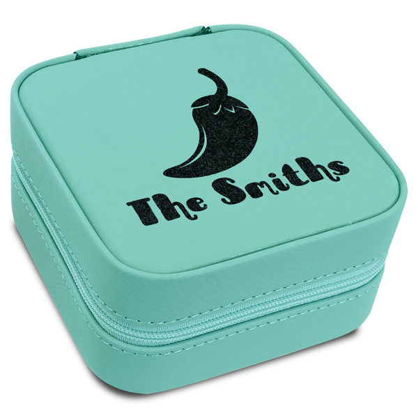 Custom Chili Peppers Travel Jewelry Box - Teal Leather (Personalized)