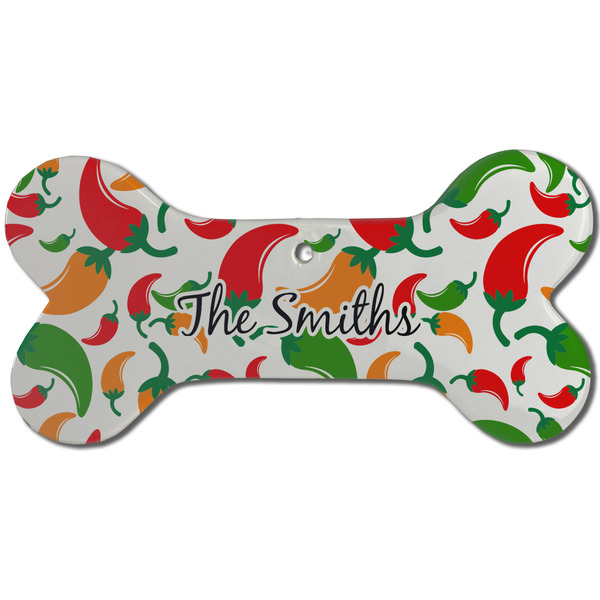 Custom Colored Peppers Ceramic Dog Ornament - Front w/ Name and Initial