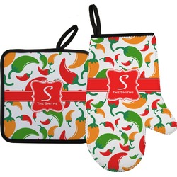 Colored Peppers Right Oven Mitt & Pot Holder Set w/ Name and Initial