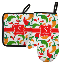 Colored Peppers Left Oven Mitt & Pot Holder Set w/ Name and Initial