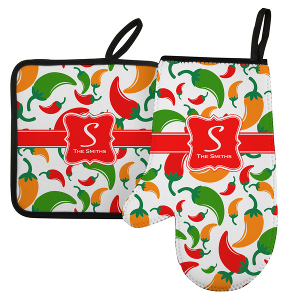 Custom Colored Peppers Left Oven Mitt & Pot Holder Set w/ Name and Initial