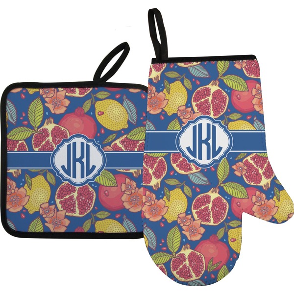 Custom Pomegranates & Lemons Oven Mitt & Pot Holder Set w/ Monogram