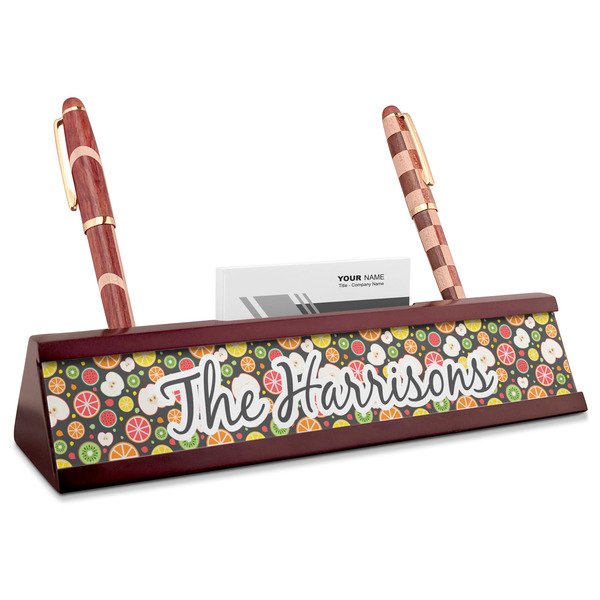 Custom Apples & Oranges Red Mahogany Nameplate with Business Card Holder (Personalized)