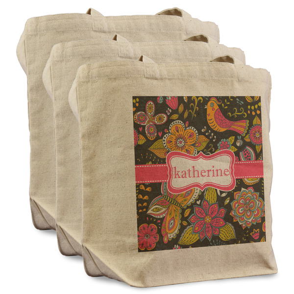 Custom Birds & Butterflies Reusable Cotton Grocery Bags - Set of 3 (Personalized)