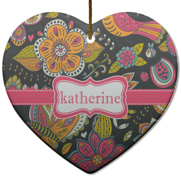 Custom Birds & Butterflies Heart Ceramic Ornament w/ Name or Text