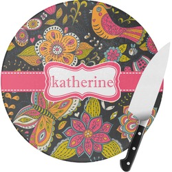 Birds & Butterflies Round Glass Cutting Board (Personalized)