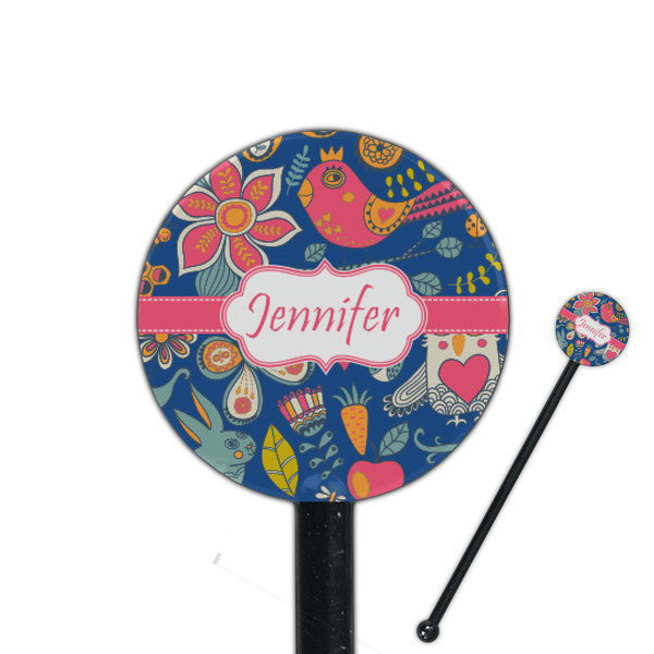 Custom Owl & Hedgehog 5.5" Round Plastic Stir Sticks - Black - Double Sided (Personalized)