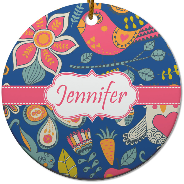 Custom Owl & Hedgehog Round Ceramic Ornament w/ Name or Text